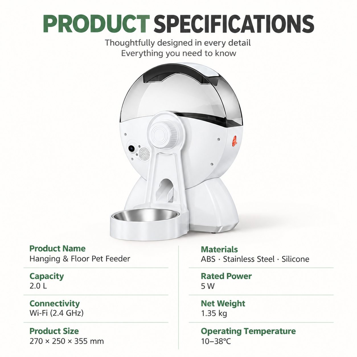 Product specification illustration of the white 2L pet feeder