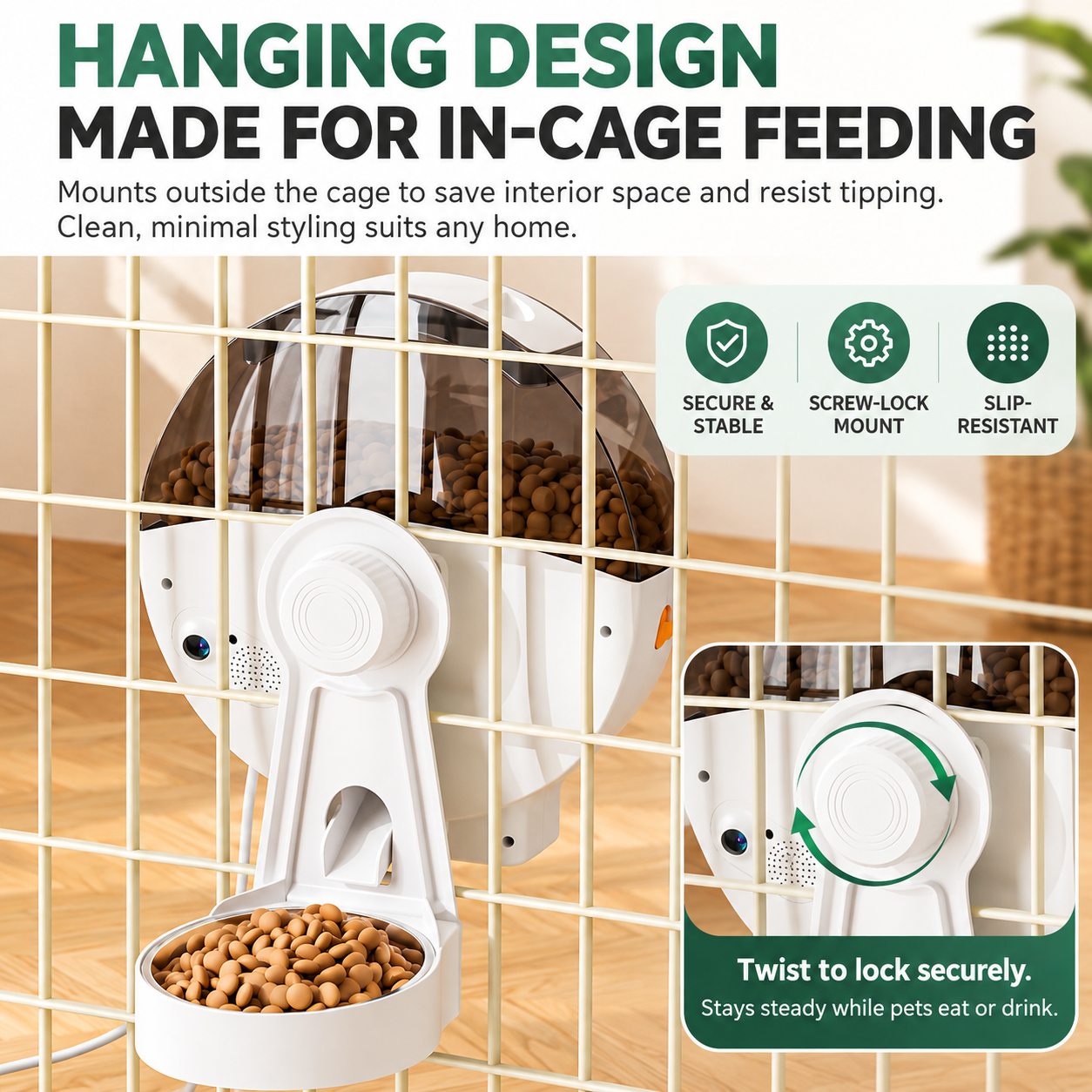 Feeder mounted outside a cage with a screw-lock mount