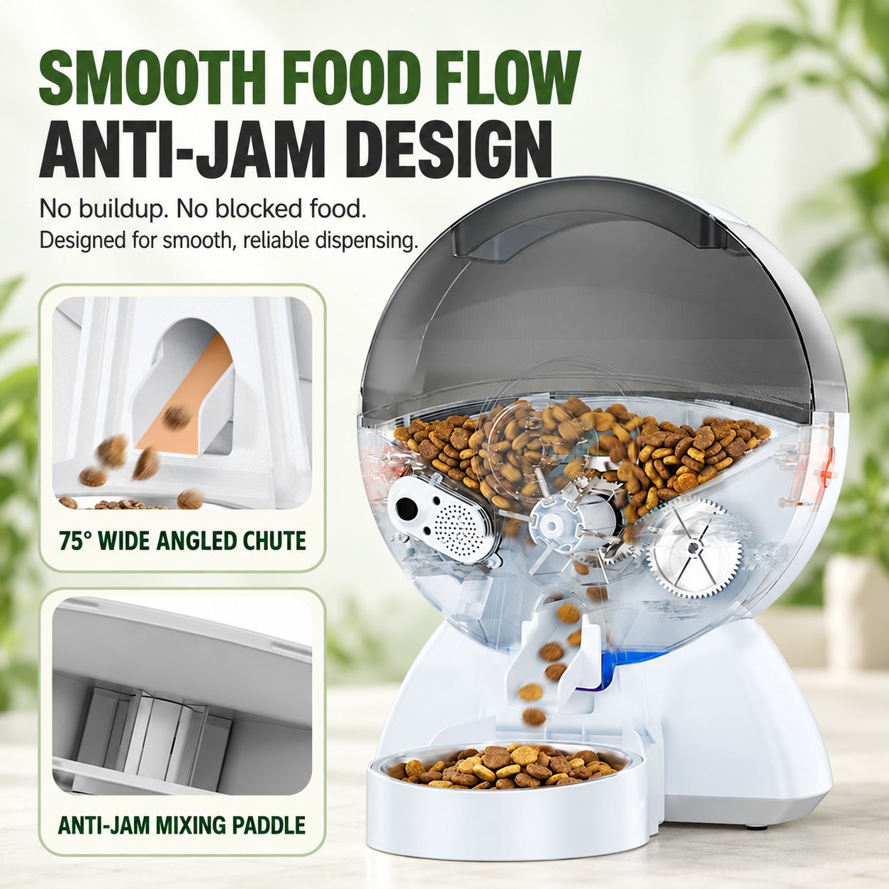 Illustrated wide food chute and mixing paddle inside feeder