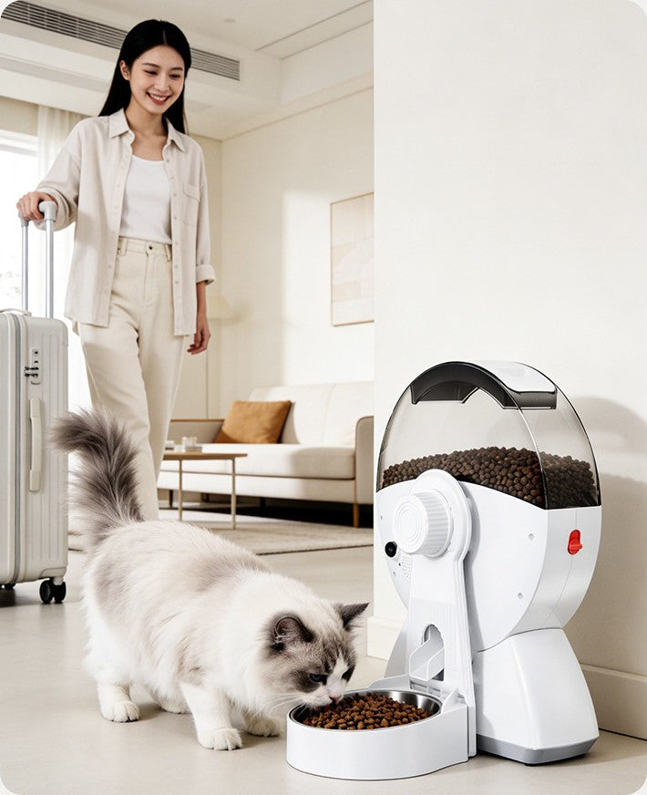 Cat eating from a Virelo feeder while its owner prepares to leave home